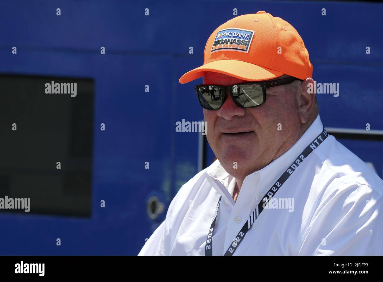 Akron, United States. 03rd July, 2022. Chip Ganassi, CEO of the Chip Ganassi Racing, looks on from the pit wall prior to the start of the Honda 200 at the Mid Ohio Sports Course in Lexington, Ohio on Sunday, July 3, 2022. Photo by Aaron Josefczyk/UPI Credit: UPI/Alamy Live News Stock Photo