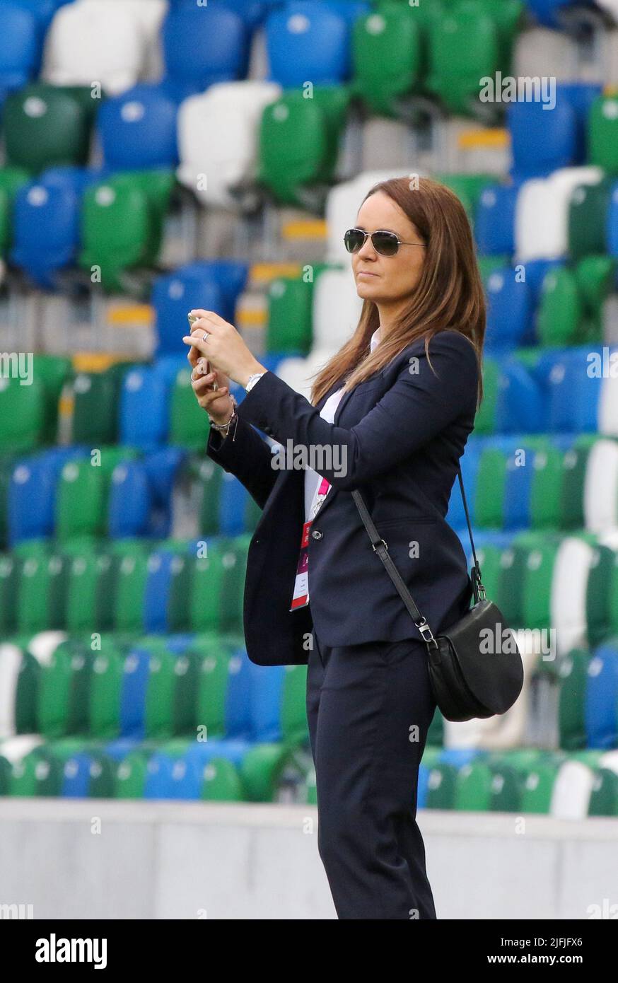 UEFA European Women's Under-19 Championship 2017 Final Tournament. 17 August 2017 Semi-final Netherlands 2 Spain 3 at Windsor Park, Belfast, Northern Ireland. Former Northern Ireland Women's International footballer and captain Sara Booth at the game. Booth would become Head of Women's Competitions at FIFA. Stock Photo