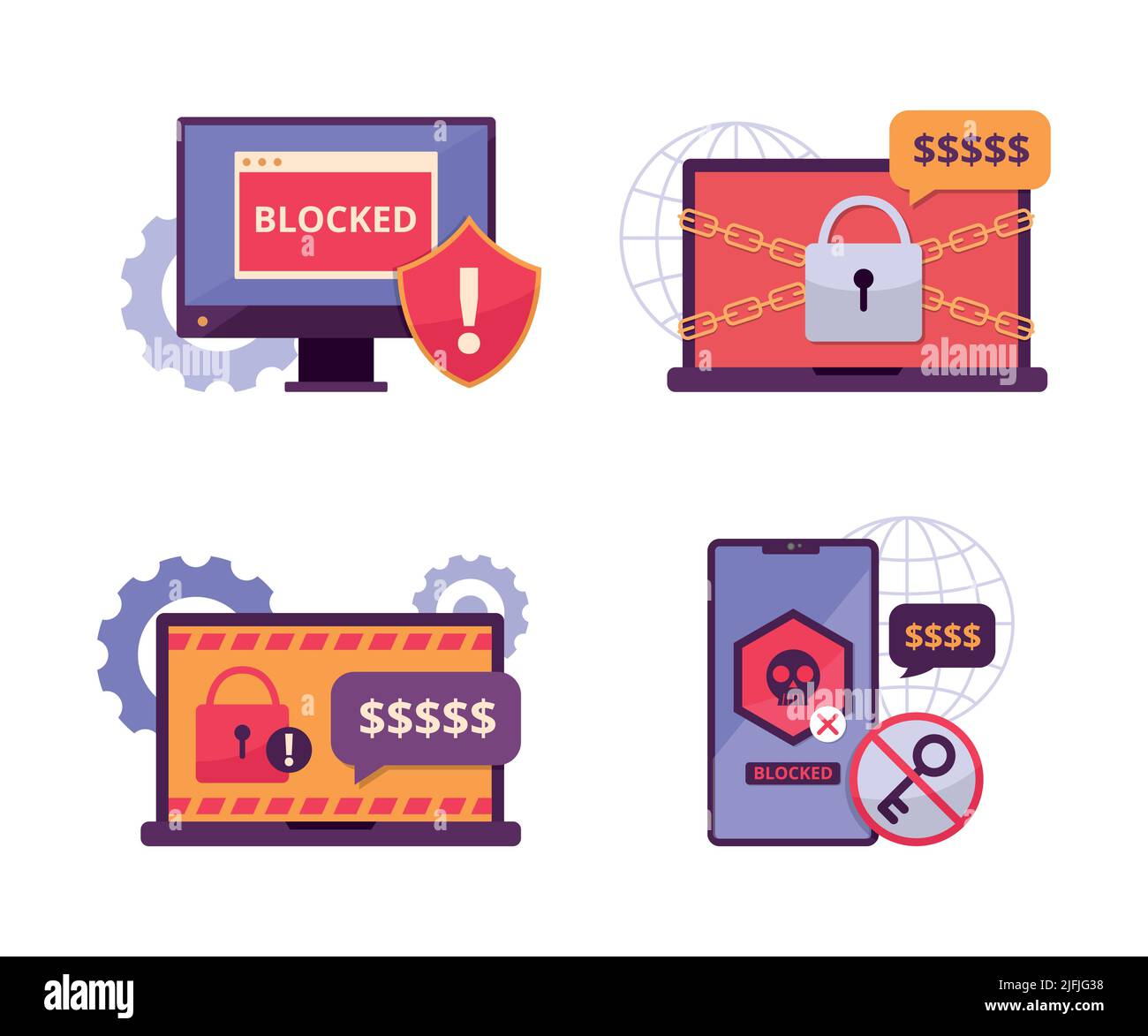 Ransomware Attack Digital Devices Concept Illustration Set. Stock Vector
