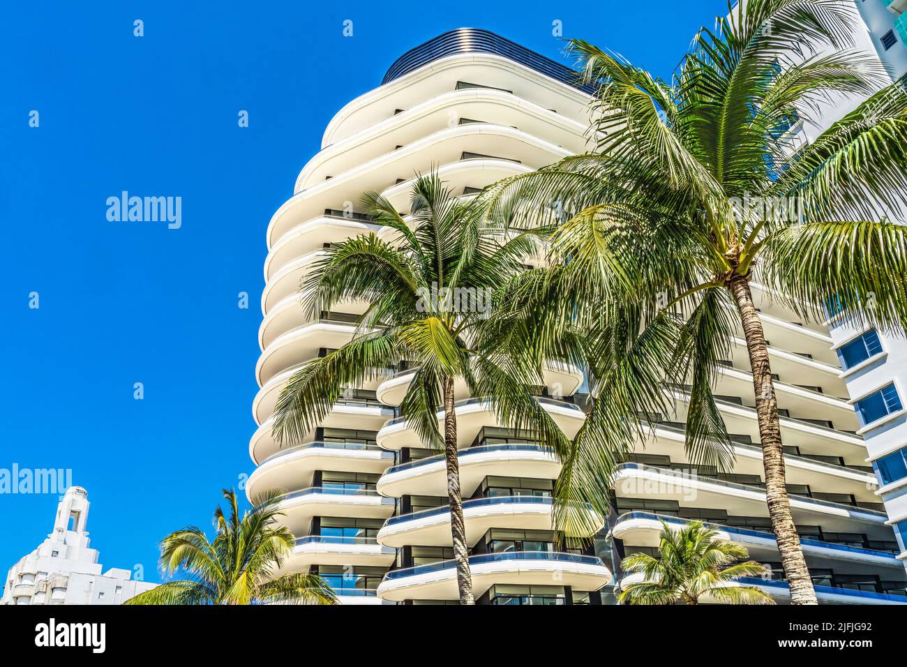 Palm Trees White Art Deco MultiLevel Buildings Miami Beach Florida