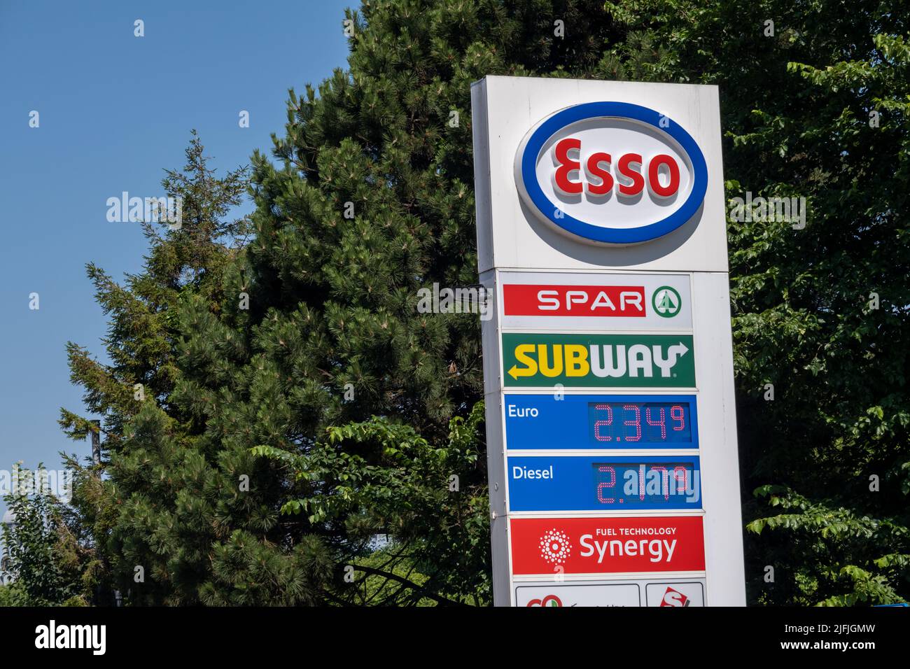Amsterdam, Netherlands - 22 June 2022: Esso gas station in Amsterdam displaying diesel and petrol prices at record high Stock Photo