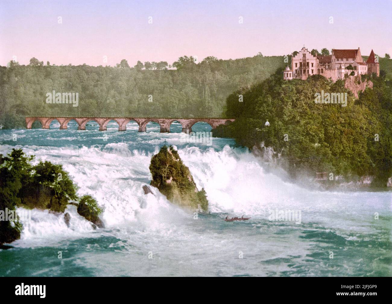 Rhine Falls and Laufen Castle, Laufen-Uhwiesen, Zürich, Switzerland 1890. Stock Photo