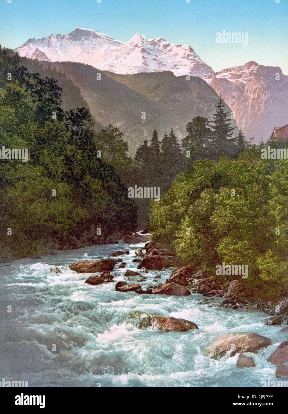 Lauterbrunnen Valley, Jungfrau and White Lütschine river, Bernese Oberland, Switzerland 1890. Stock Photo