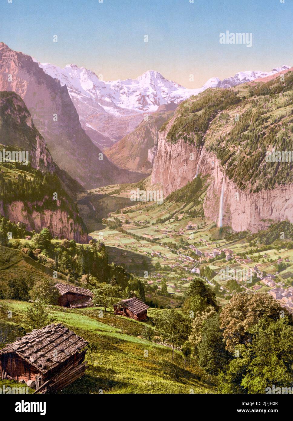 Lauterbrunnen Valley and Breithorn view from Wengen, Bernese Alps, Switzerland 1890. Stock Photo