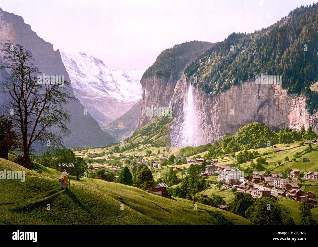 Lauterbrunnen Valley and Staubbach Falls, Lauterbrunnen, Bernese Alps, Bern, Switzerland 1890. Stock Photo
