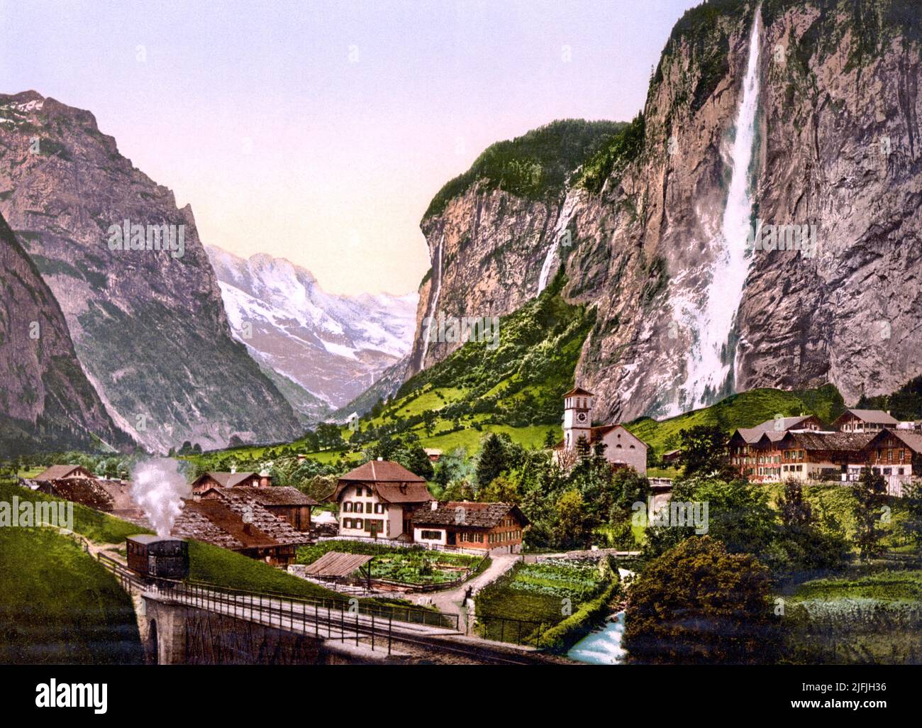 Lauterbrunnen Valley, Jungfrau and Staubbach Falls, Lauterbrunnen, Bernese Alps, Bern, Switzerland 1890. Stock Photo