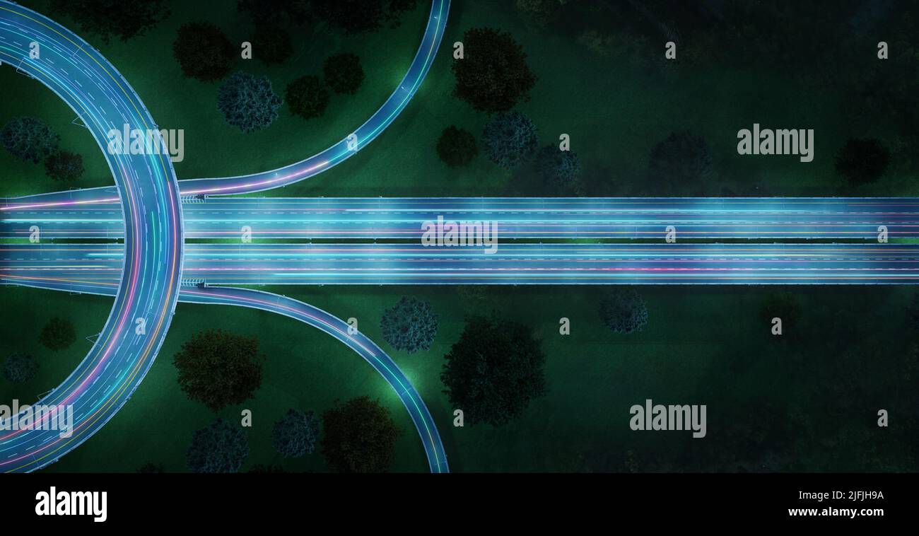 Aerial view of highway with car light trails at night. 3d rendering ...