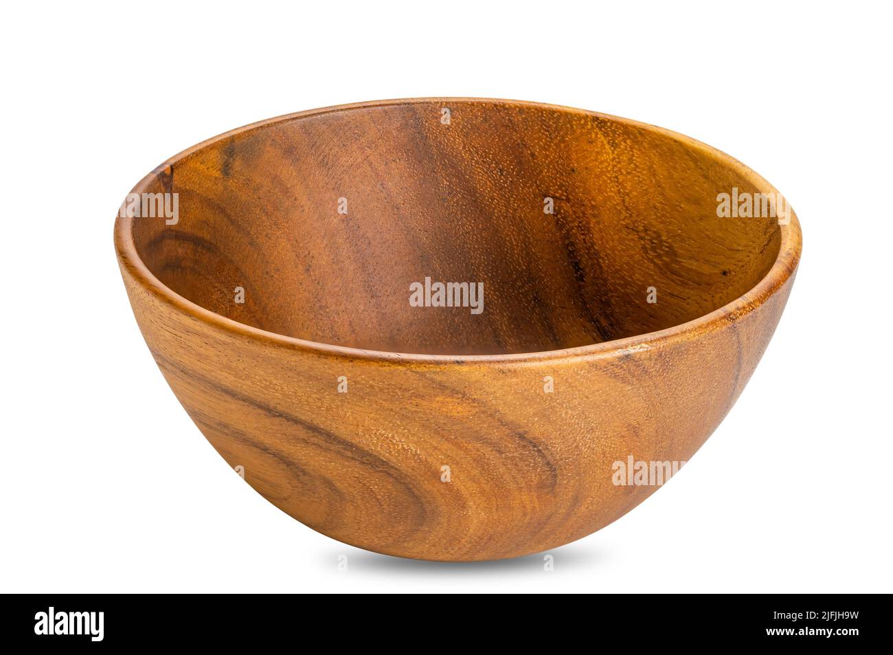 Closeup view of deep empty wooden bowl isolated on white baclground with clipping path. Stock Photo