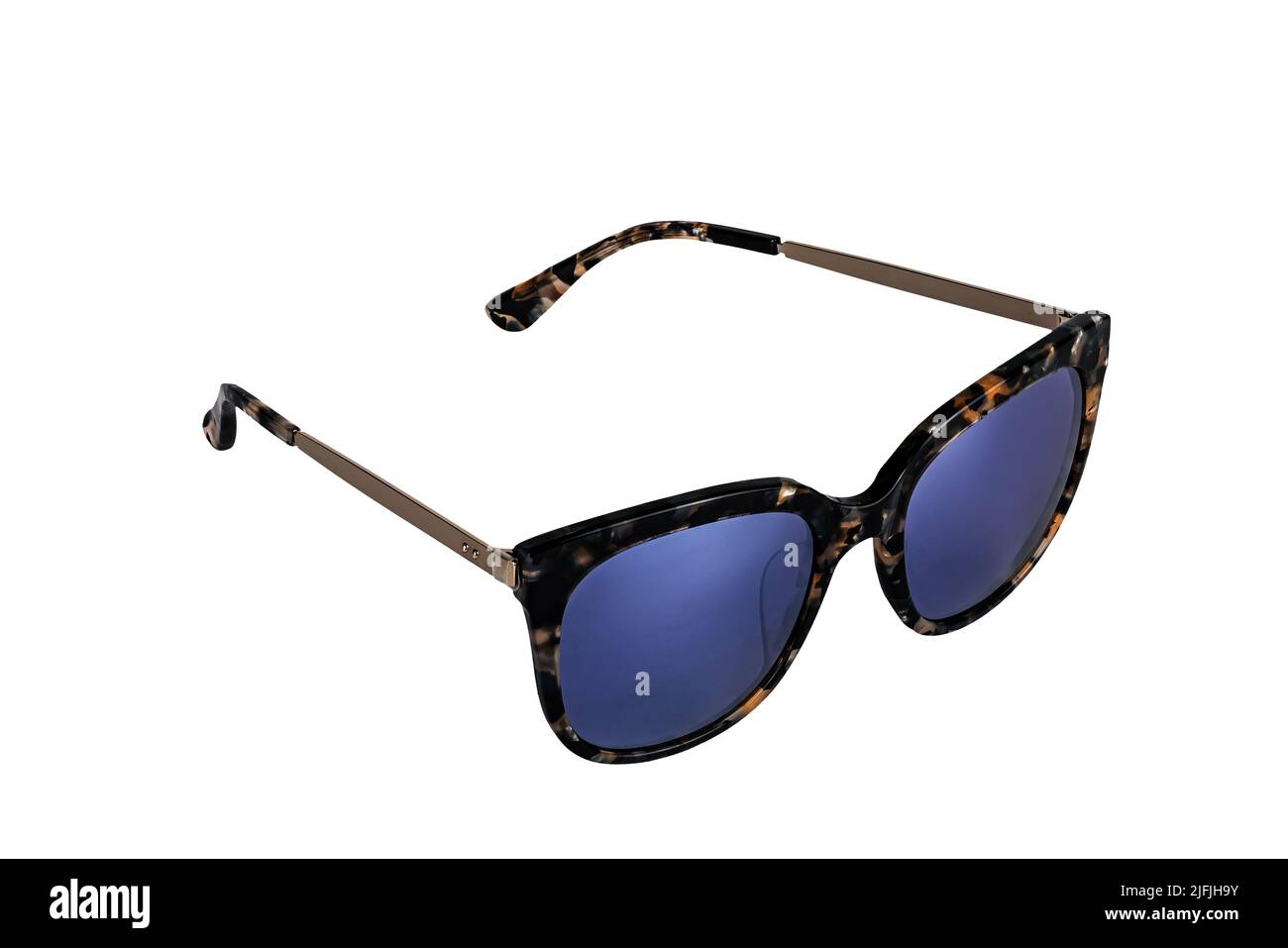 Closeup view of stylish dark blue sunglasses isolated on white background with clipping path. Stock Photo