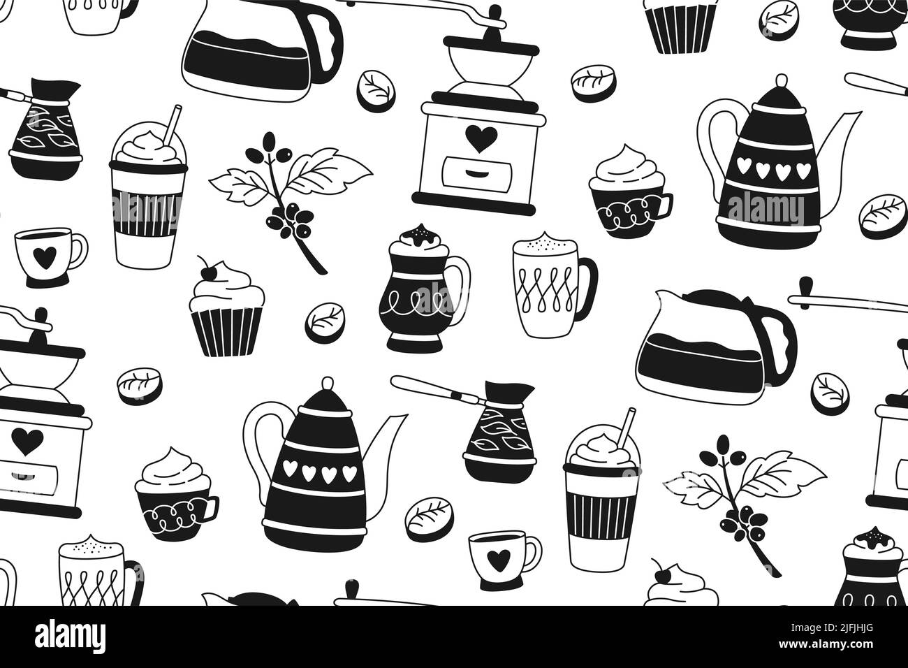 Coffee breakfast seamless pattern. Cartoon cup drink, beans and cezve