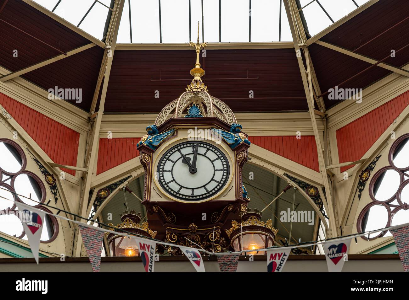 Clock at Halifax Borough Market Stock Photo