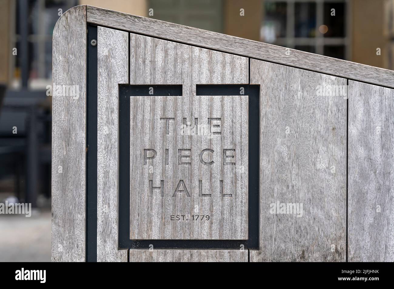 The Piece Hall Wooden Sign in Halifax Yorkshire Stock Photo