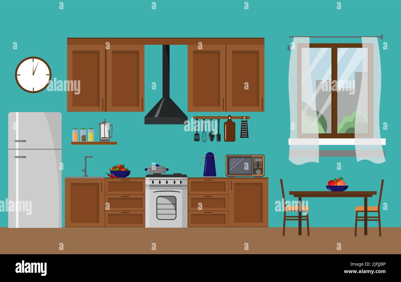 Kitchen furniture, table and chairs, stove and refrigerator. Interior