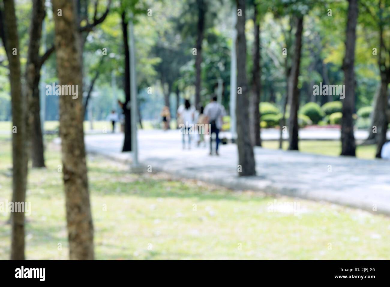 Blurred image of urban nature park shows the way people live in the eco-town concept and sustainable quality of life. Stock Photo
