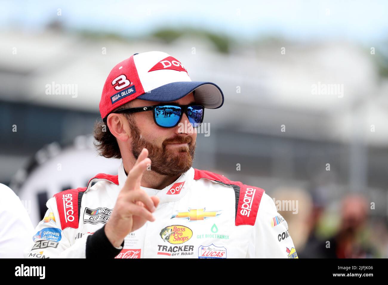Plymouth, Wisconsin, USA. 3rd July, 2022. Austin Dillon, driver of the #3 Dow Salutes Veterans Chevrolet, acknowledges the crowd before the NASCAR Cup Series Kwik Trip 250 at Road America on July 03, 2022 in Plymouth, Wisconsin. Ricky Bassman/Cal Sport Media/Alamy Live News Stock Photo
