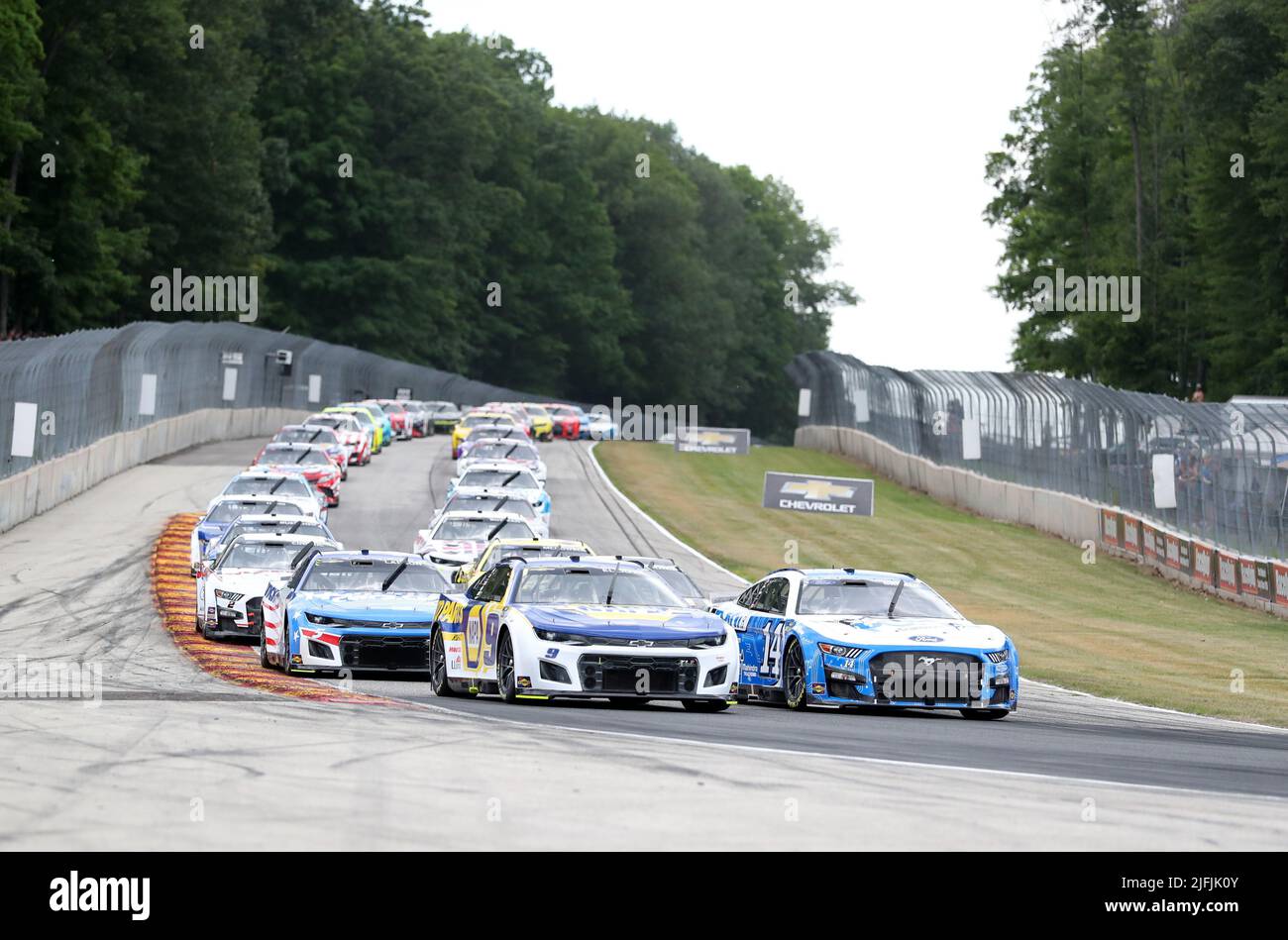 Plymouth, Wisconsin, USA. 3rd July, 2022. The field of cars make Turn 5 during the NASCAR Cup Series Kwik Trip 250 at Road America on July 03, 2022 in Plymouth, Wisconsin. Ricky Bassman/Cal Sport Media/Alamy Live News Stock Photo