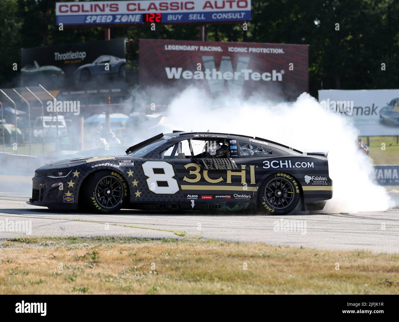 Plymouth, Wisconsin, USA. 3rd July, 2022. Tyler Reddick, driver of the #8 3CHI Chevrolet, celebrates after winning the NASCAR Cup Series Kwik Trip 250 at Road America on July 03, 2022 in Plymouth, Wisconsin. Ricky Bassman/Cal Sport Media/Alamy Live News Stock Photo