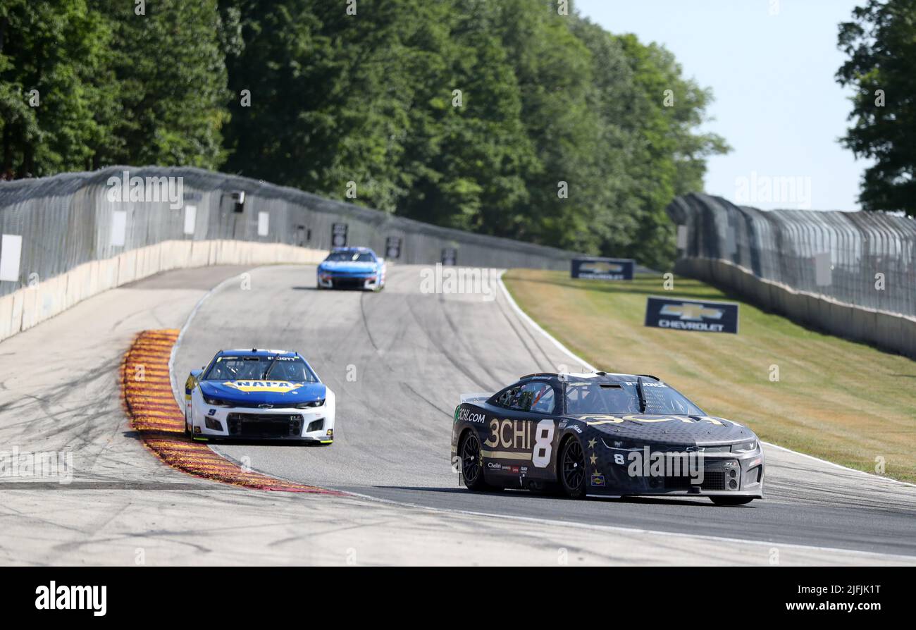 Plymouth, Wisconsin, USA. 3rd July, 2022. Tyler Reddick, driver of the #8 3CHI Chevrolet, leads the field during the NASCAR Cup Series Kwik Trip 250 at Road America on July 03, 2022 in Plymouth, Wisconsin. Ricky Bassman/Cal Sport Media/Alamy Live News Stock Photo