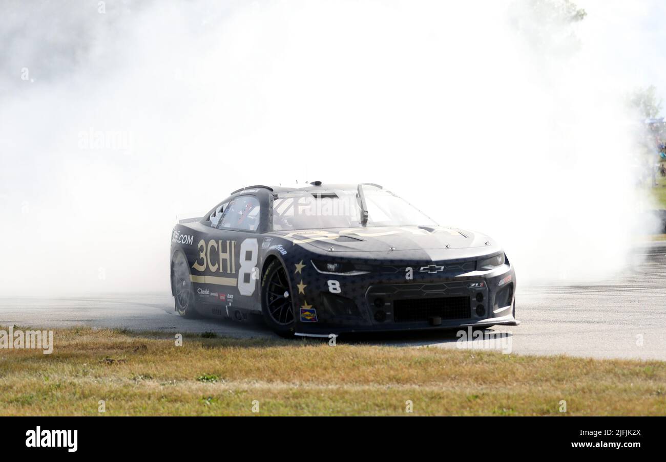 Plymouth, Wisconsin, USA. 3rd July, 2022. Tyler Reddick, driver of the #8 3CHI Chevrolet, celebrates after winning the NASCAR Cup Series Kwik Trip 250 at Road America on July 03, 2022 in Plymouth, Wisconsin. Ricky Bassman/Cal Sport Media/Alamy Live News Stock Photo