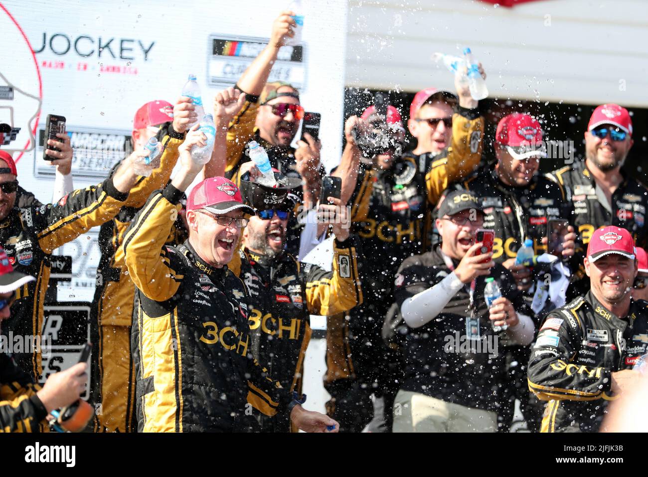 Plymouth, Wisconsin, USA. 3rd July, 2022. Team members of the #8 3CHI Chevrolet, celebrate in victory lane after winning the NASCAR Cup Series Kwik Trip 250 at Road America on July 03, 2022 in Plymouth, Wisconsin. Ricky Bassman/Cal Sport Media/Alamy Live News Stock Photo