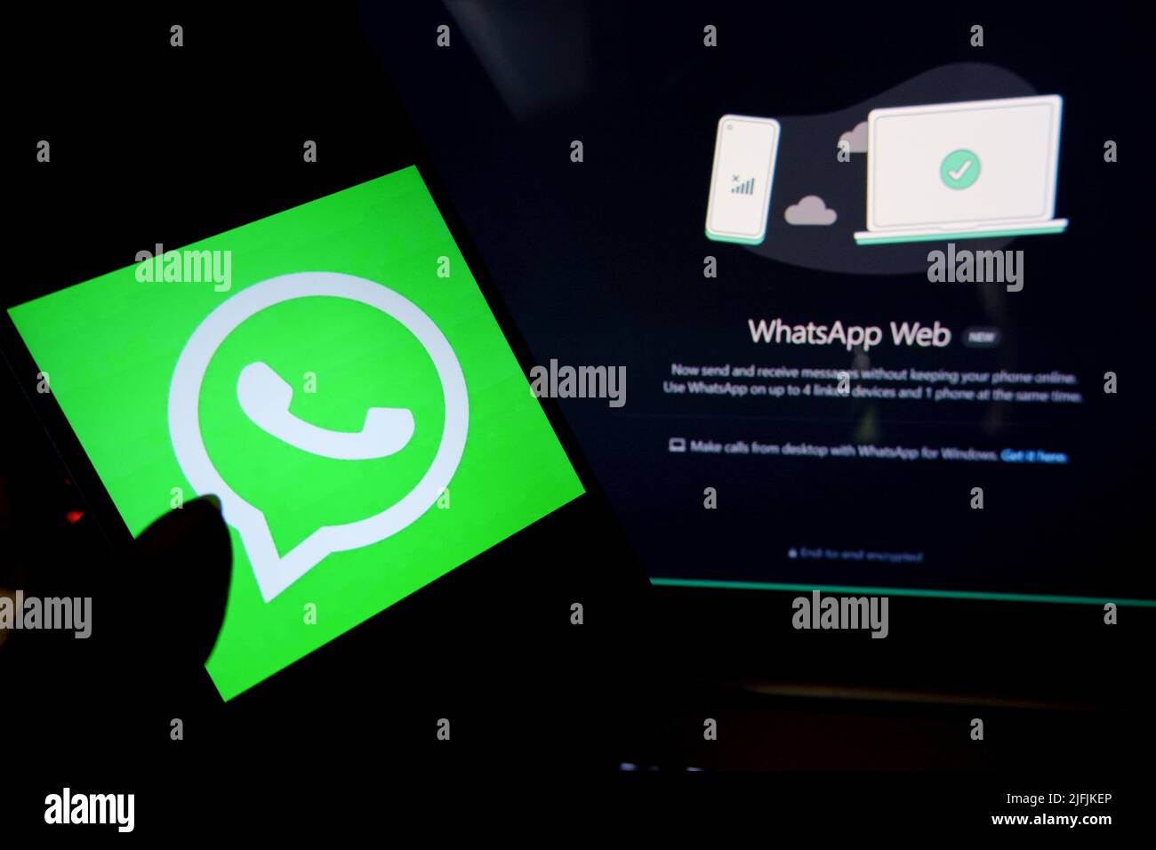 India. 03rd July, 2022. In this photo illustration, a WhatsApp logo seen on a smartphone with a WhatsApp Web in the background. (Photo by Avishek Das/SOPA Images/Sipa USA) Credit: Sipa USA/Alamy Live News Stock Photo