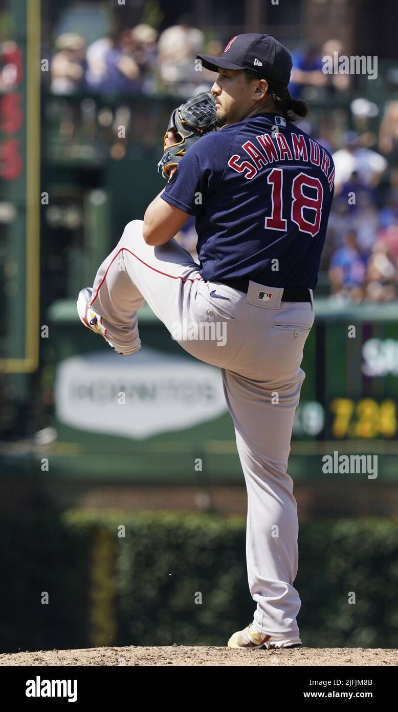 Hirokazu Sawamura of the Boston Red Sox pitches in a baseball game against  the Chicago Cubs on July 3, 2022, at Wrigley Field in Chicago, Illinois.  (Kyodo)==Kyodo Photo via Credit: Newscom/Alamy Live
