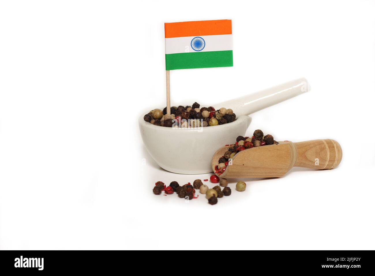 Mortar and Pestle With Mixed Peppercorns and Flag of India on White Background Stock Photo