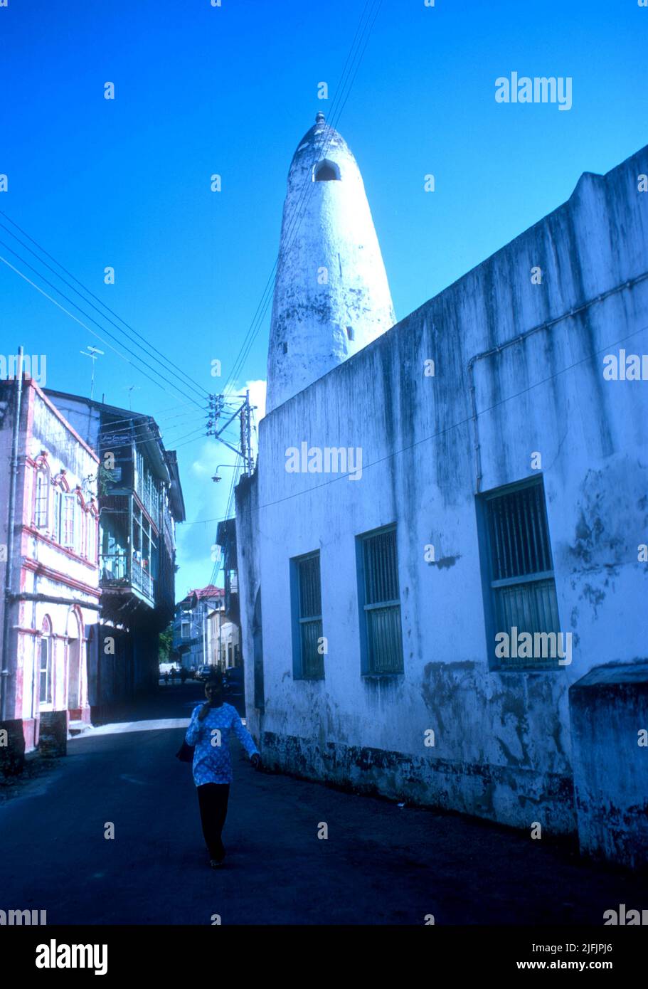 Street scene with mosque in old Mombasa, Kenya, 1965 Stock Photo