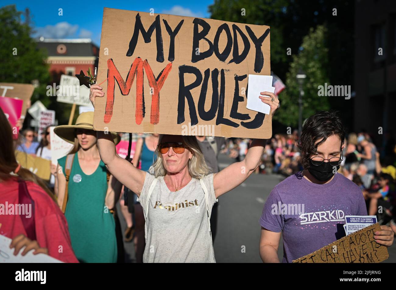 Women marchers protest the US Supreme Court ruling overturning Roe V. Wade in a July 4th parade, Montpelier, Vermont, USA (held July 3). Stock Photo