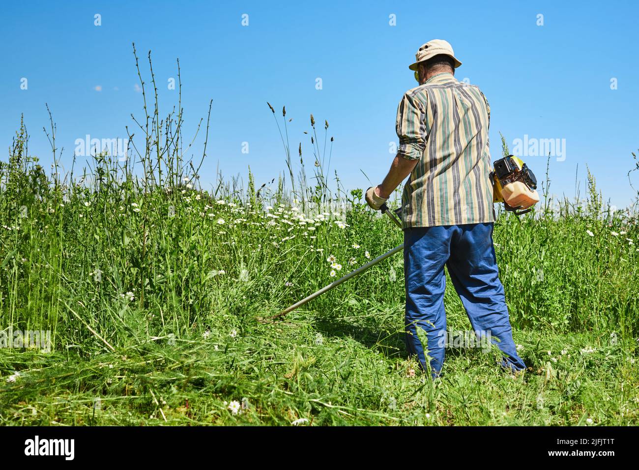 A man mows the grass in the field with a trimmer. Yard care concept. Front view. Stock Photo