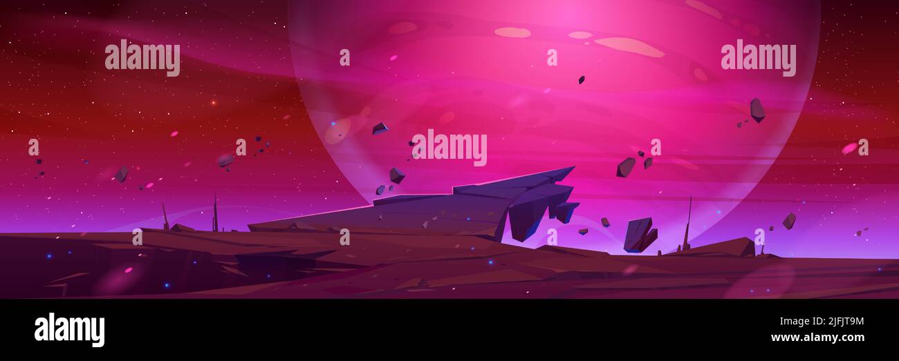 Fantastic landscape with rock ledge, stars and big alien planet in ...
