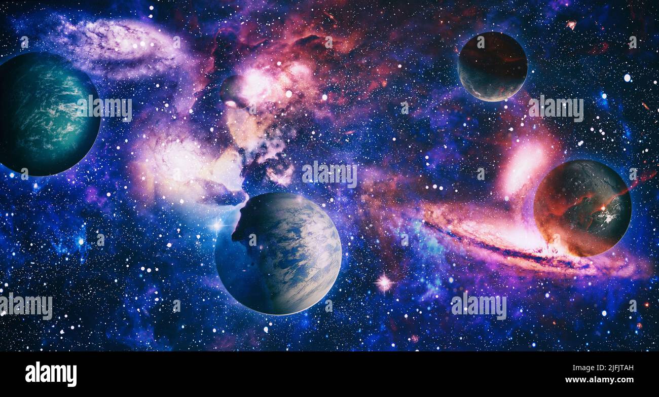 Space scene with planets, stars and galaxies. Spiral galaxy in deep ...