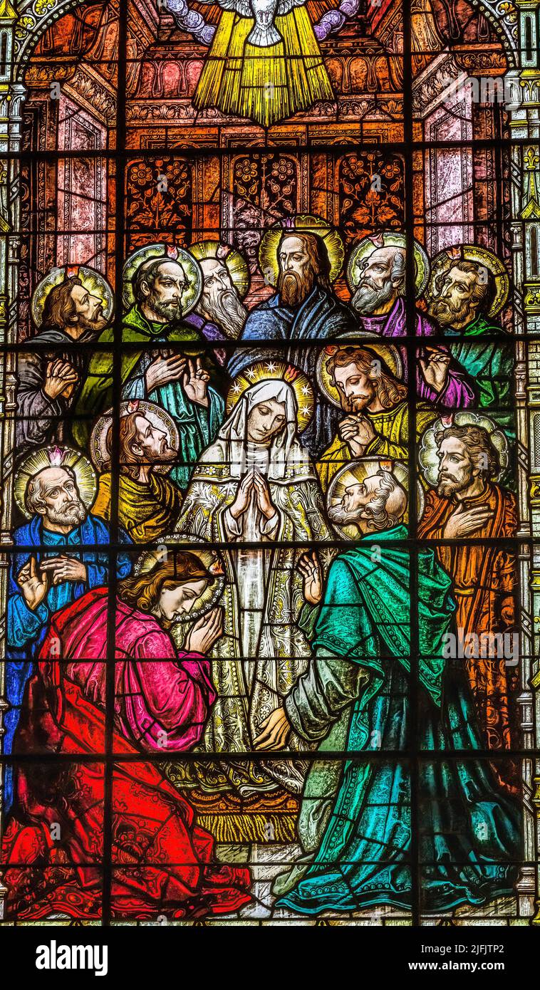Adoration of Virgin Mary Disciples Stained Glass Gesu Catholic Church Miami Florida. Church Stained Glass built 1920s. Glass by Franz Meyer Germany Stock Photo