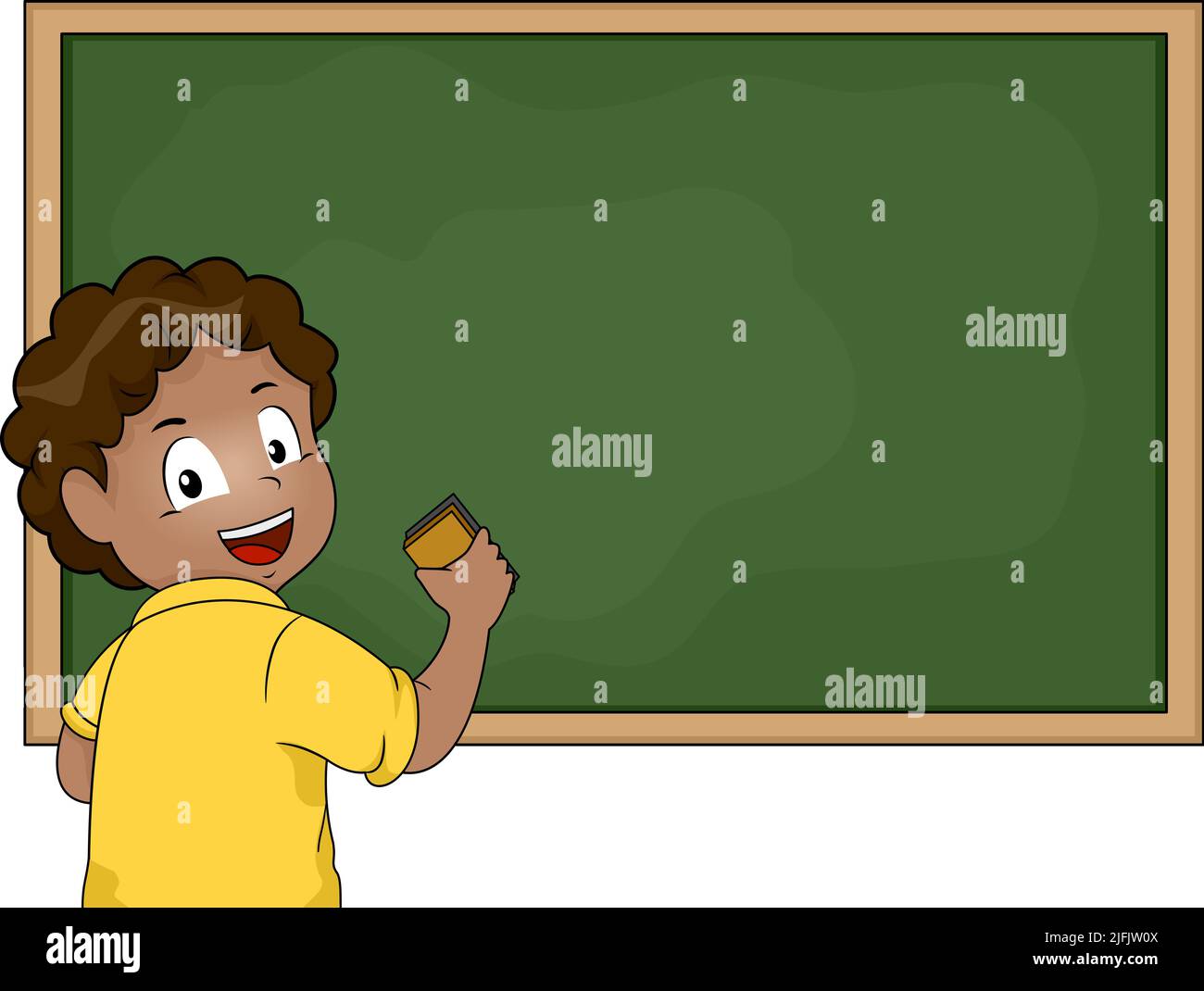 Illustration of African American Kid Boy Holding Chalkboard Eraser Cleaning the Blackboard Stock Photo