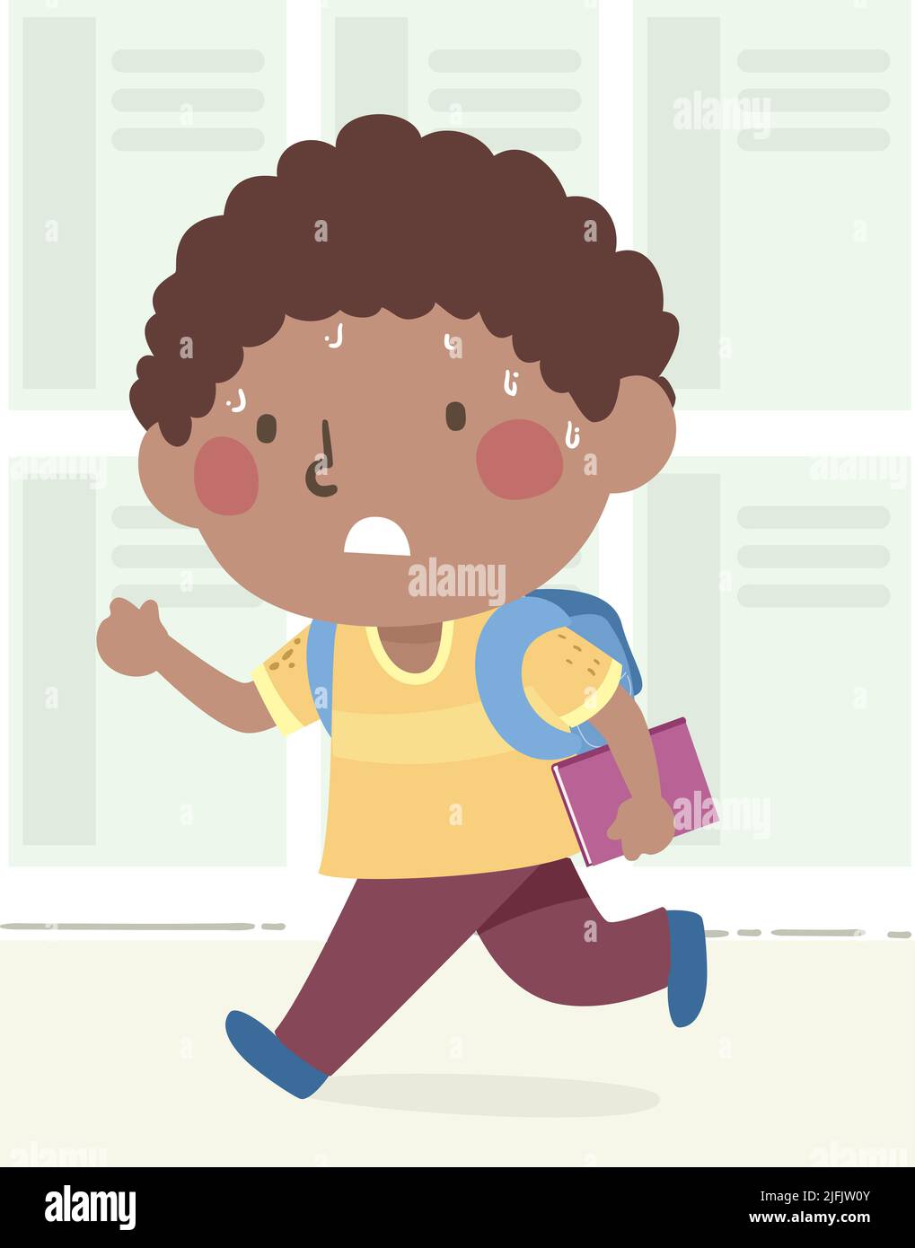 Illustration of African American Kid Boy with His School Bag and Book, Sweating and Running Late for School Stock Photo
