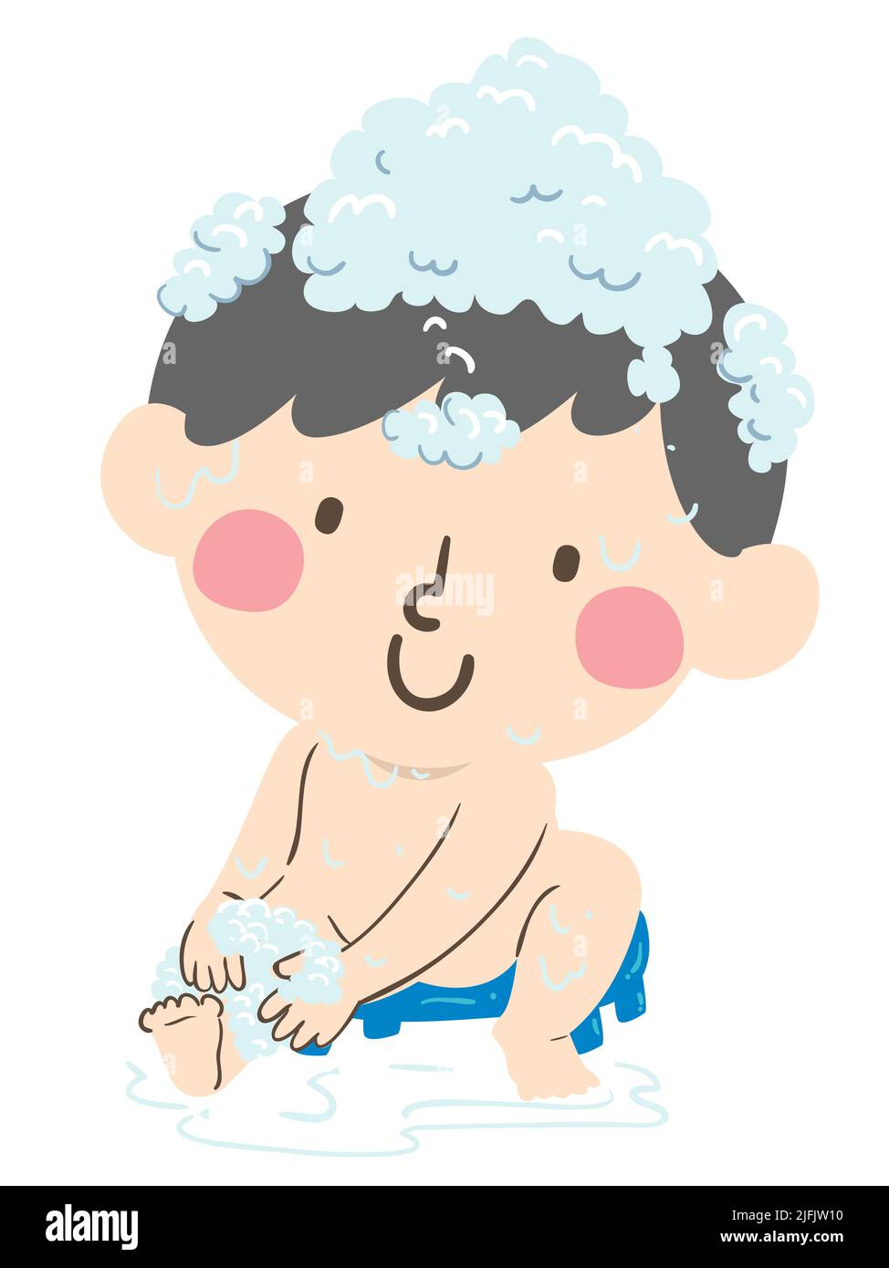 Illustration of Kid Boy with Bath Bubbles, Sitting on a Plastic Bathroom Stool and Scrubbing His Legs Stock Photo