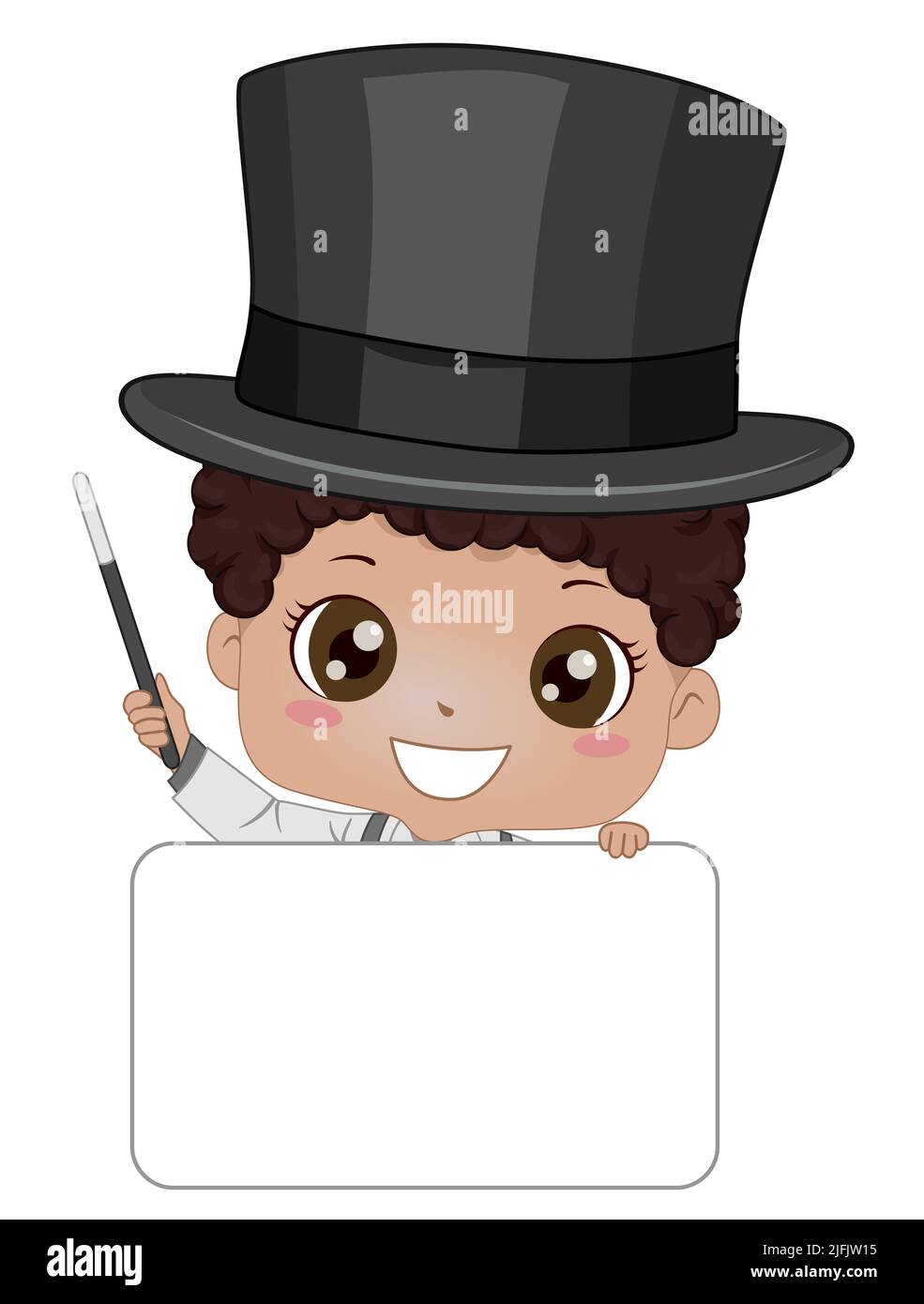 Illustration of African American Kid Boy Magician Wearing Top Hat Holding Blank Board and Magic Wand Stock Photo