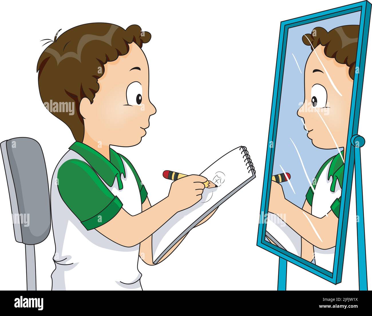 Illustration of Kid Boy Sitting in a Chair Facing a Mirror and Drawing Self Reflection in a Sketch Pad Using Pencil Stock Photo