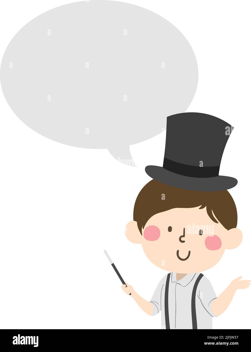Illustration of Kid Boy Magician Wearing Top Hat and Suspenders, Holding Magic Wand with Speech Bubble Stock Photo