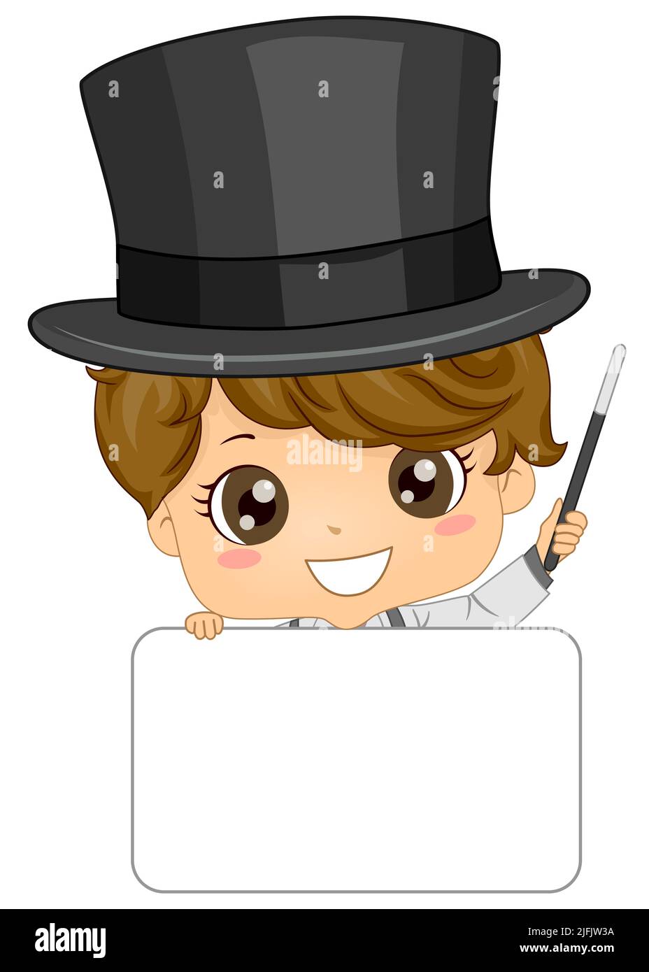 Illustration of Kid Boy Wearing Black Top Hat Holding Blank White Board and Magic Wand Stock Photo