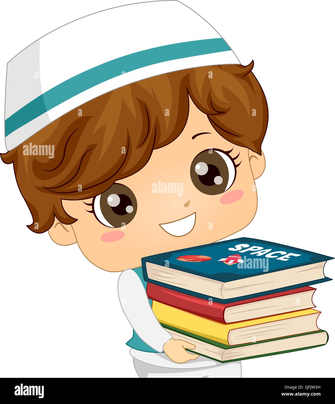 Illustration of Kid Boy Muslim Student Wearing Taqiyah and Carrying a Stack of Books Stock Photo