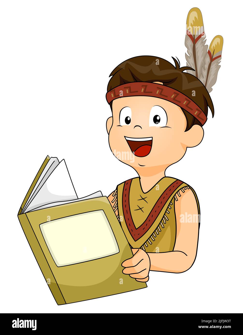Illustration of Kid Boy Native Indian Student Wearing Tunic and Feathered Headband, Holding and Reading a Book Stock Photo