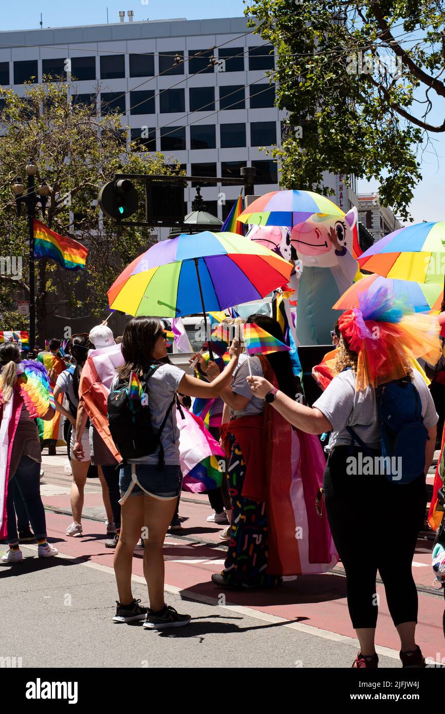 People taking part in the pride parade in San Francisco city, carrying