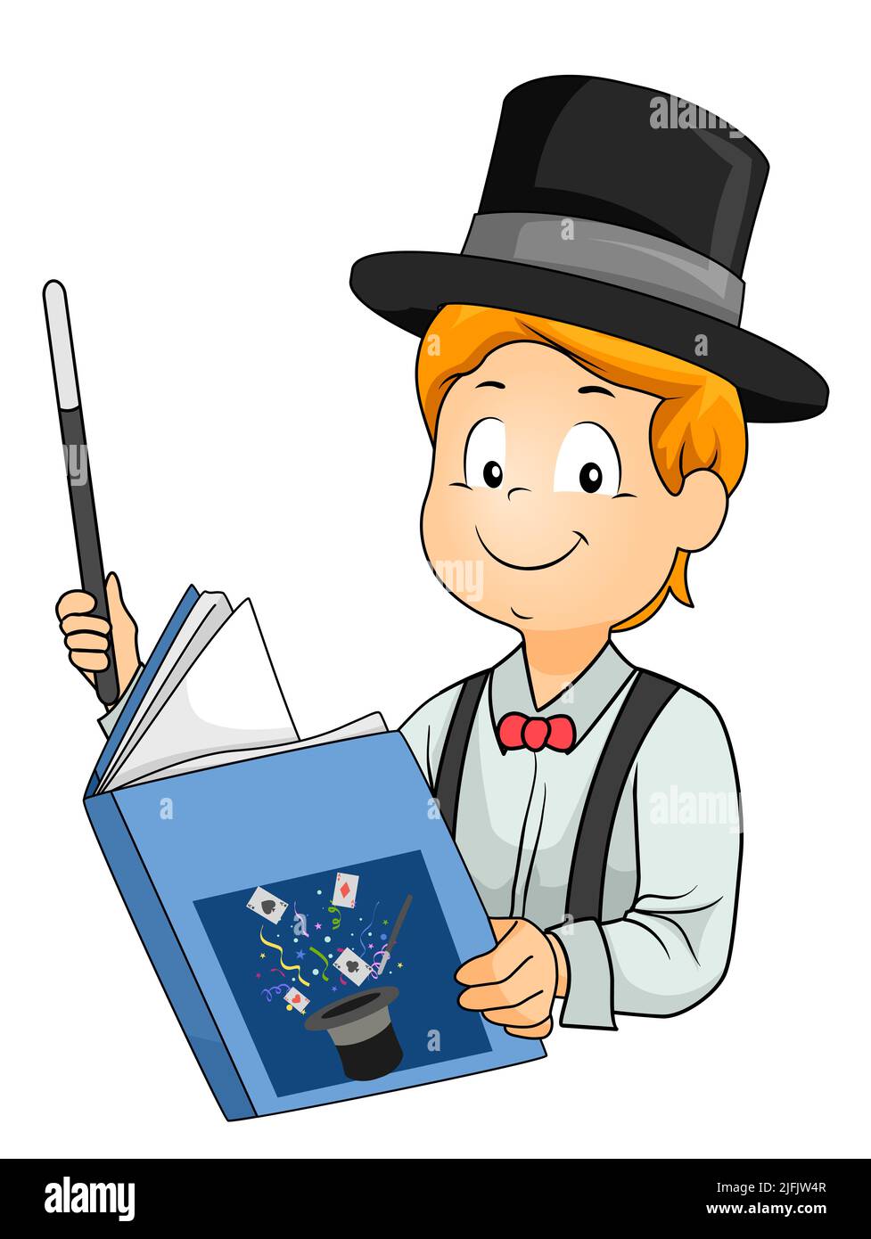 Illustration of Kid Boy Magician Wearing Top Hat, Holding Magic Wand and Reading Magic Book Stock Photo