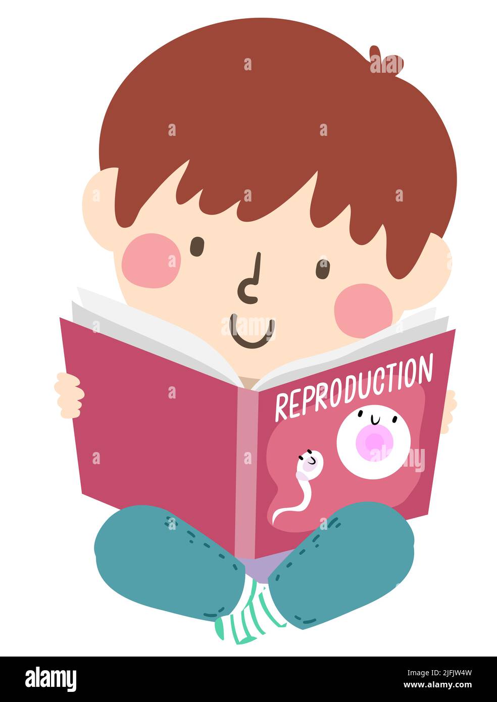 Illustration of Kid Boy Student Sitting while Reading a Book with Sperm and Egg Cell on Cover, Learning About Reproduction Stock Photo