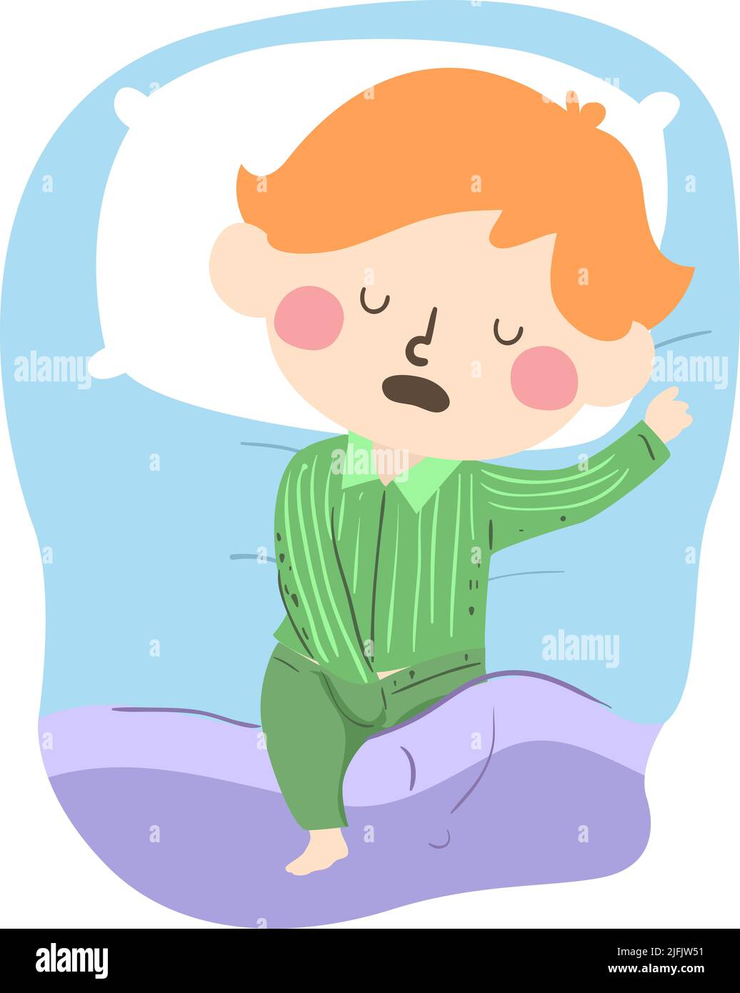 Illustration of Kid Boy Lying in Bed, Touching Private Body Part While