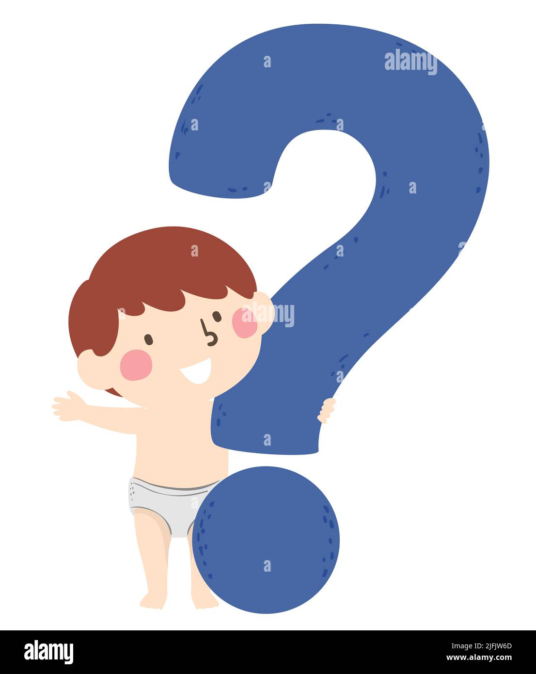 Illustration of Kid Boy Wearing White Briefs, Standing and Holding Big Question Mark Stock Photo
