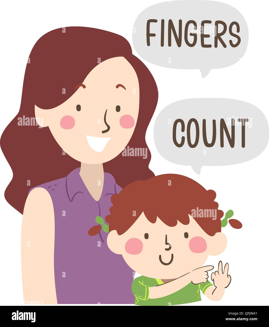 Illustration of Kid Girl Pointing with Two Fingers Up Saying Count, Mom Teaching Body Part Saying Fingers Stock Photo