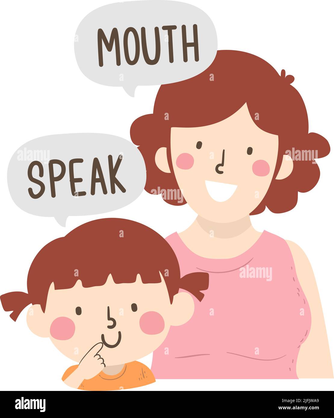 Illustration of Kid Girl Pointing Her Lips Saying Speak, Mom Teaching Body Part Saying Mouth Stock Photo