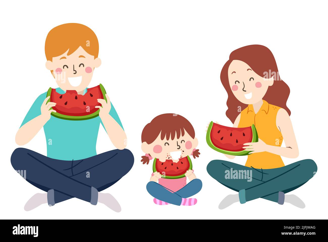 Illustration of Kid Girl with Parents Sitting Cross Legged on the Floor. Happy Family Eating Watermelon Together Stock Photo